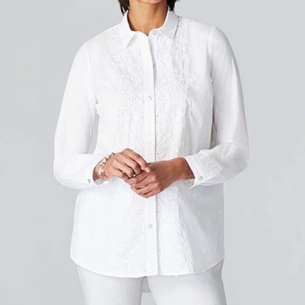 J Jill White Floral Embroidered Button Down Blouse Shirt Women Med Pearl Tunic